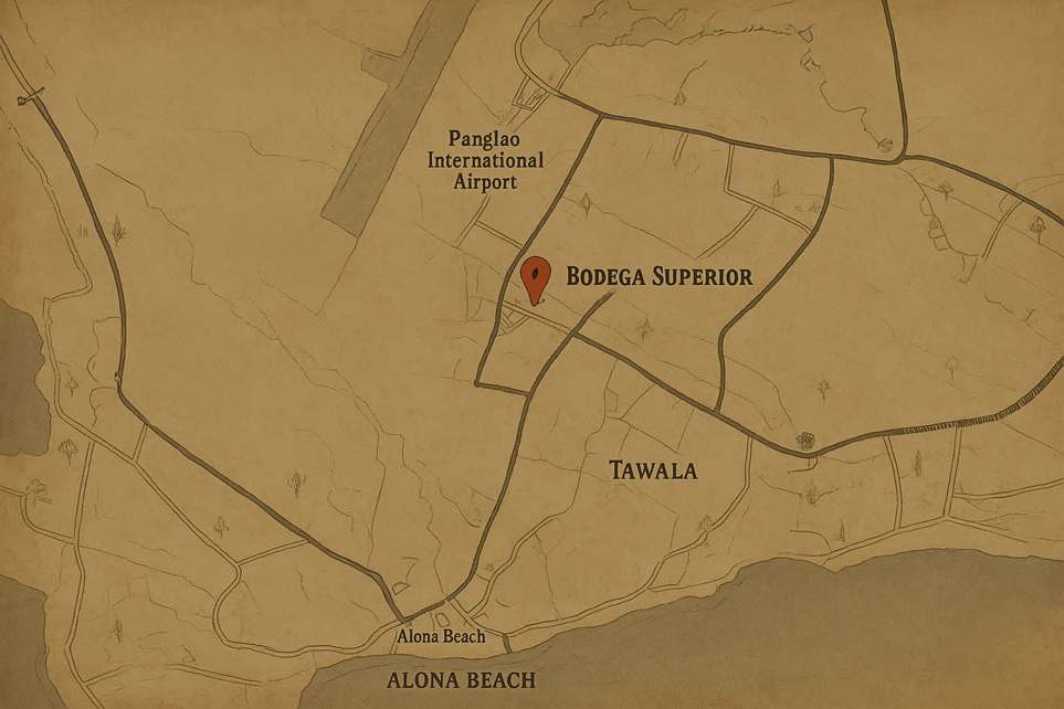 Hand-drawn map showing Bodega Superior near Tawala on Panglao Island, between Panglao International Airport and Alona Beach